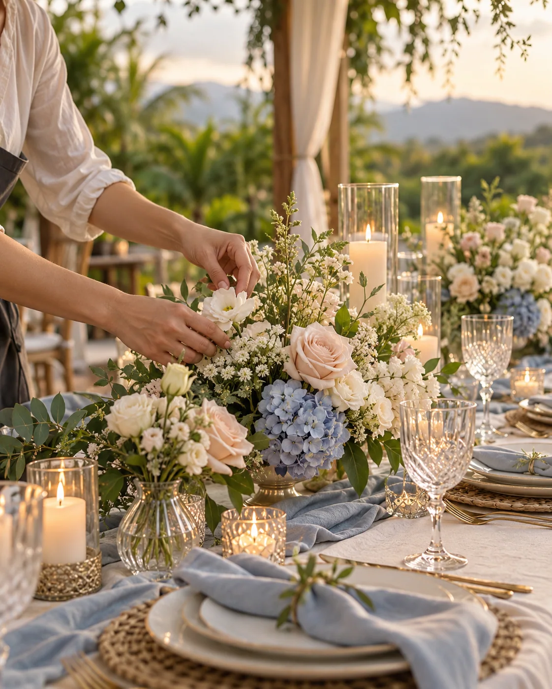 Detalle de un montaje floral y una mesa decorada